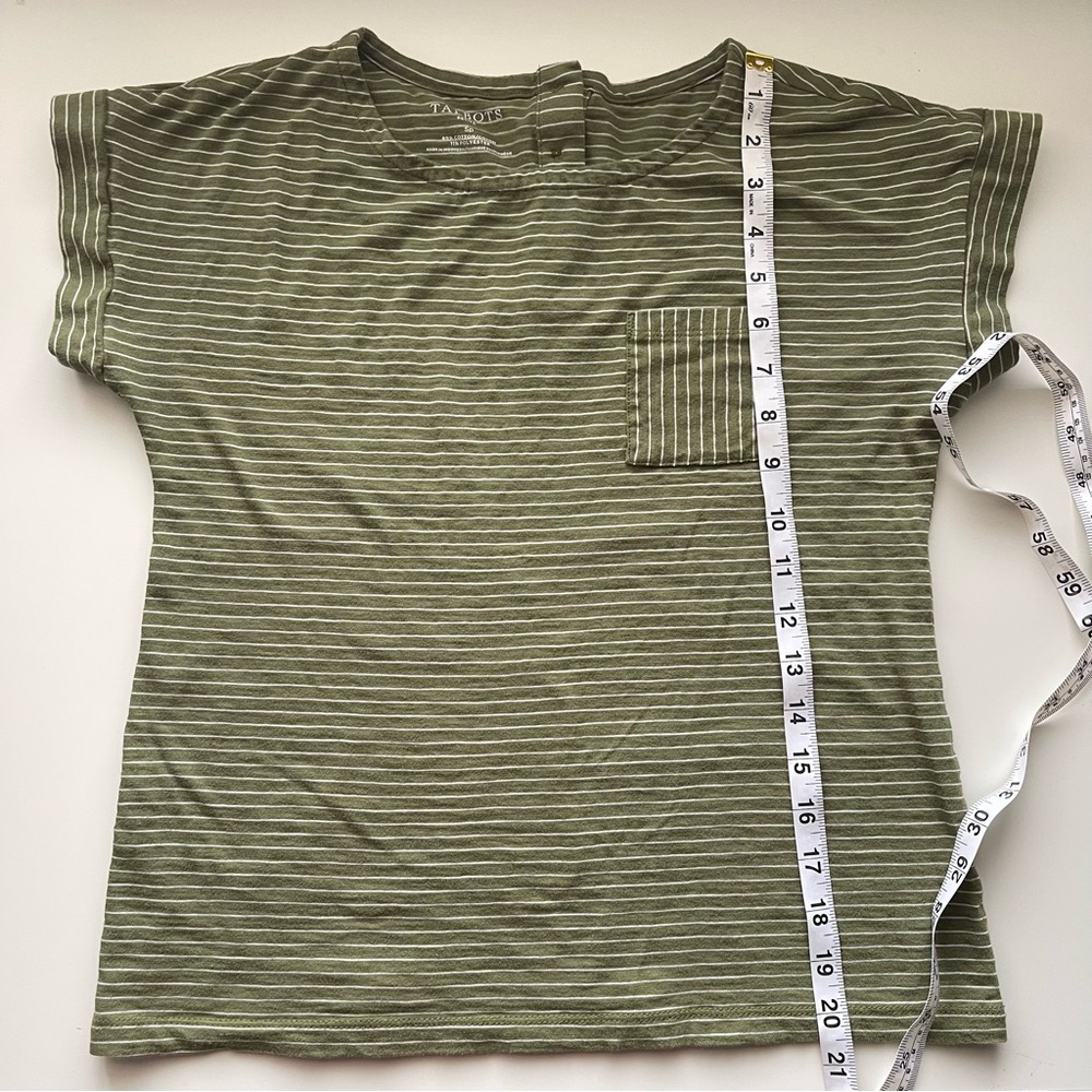 Talbots Olive Green White Pin Striped Pocket Tee Coastal Quiet Luxury Minimalist - Picture 6 of 10